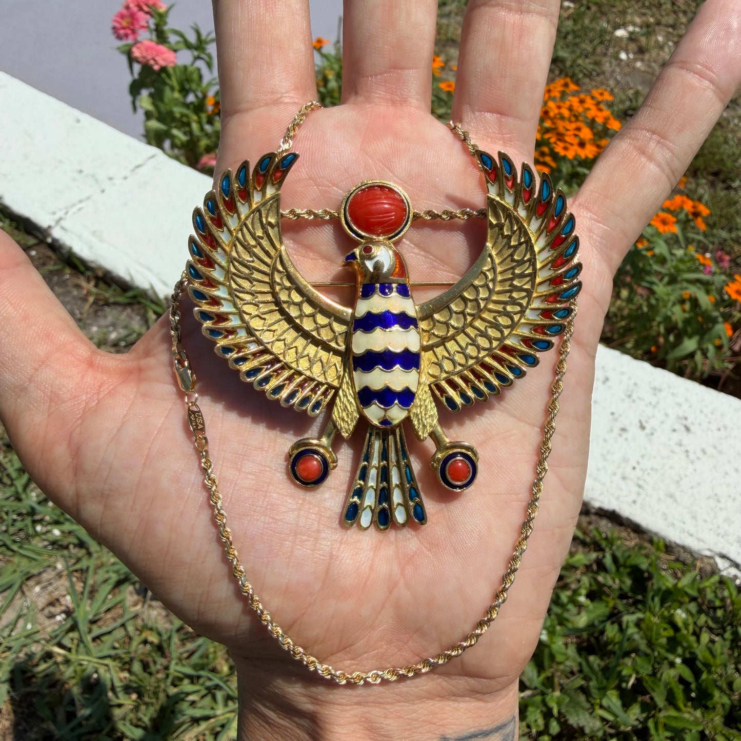 Vintage Solid 18k Yellow Gold Plique-à-Jour Large Egyptian Revival Horus Falcon Pendant/Brooch