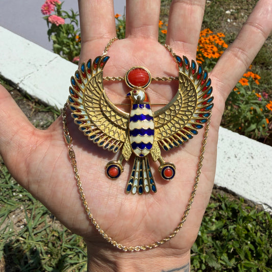 Vintage Solid 18k Yellow Gold Plique-à-Jour Large Egyptian Revival Horus Falcon Pendant/Brooch