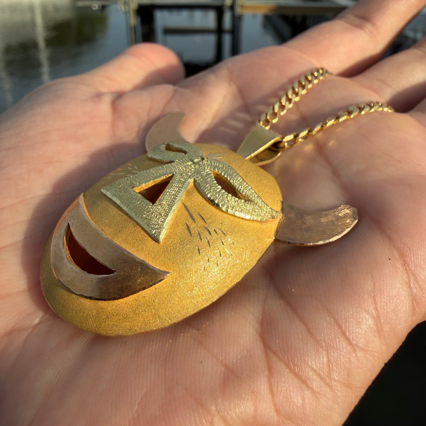 Mid-Century Solid 18k Gold Large Mexican Folkart Diablo Mask Pendant
