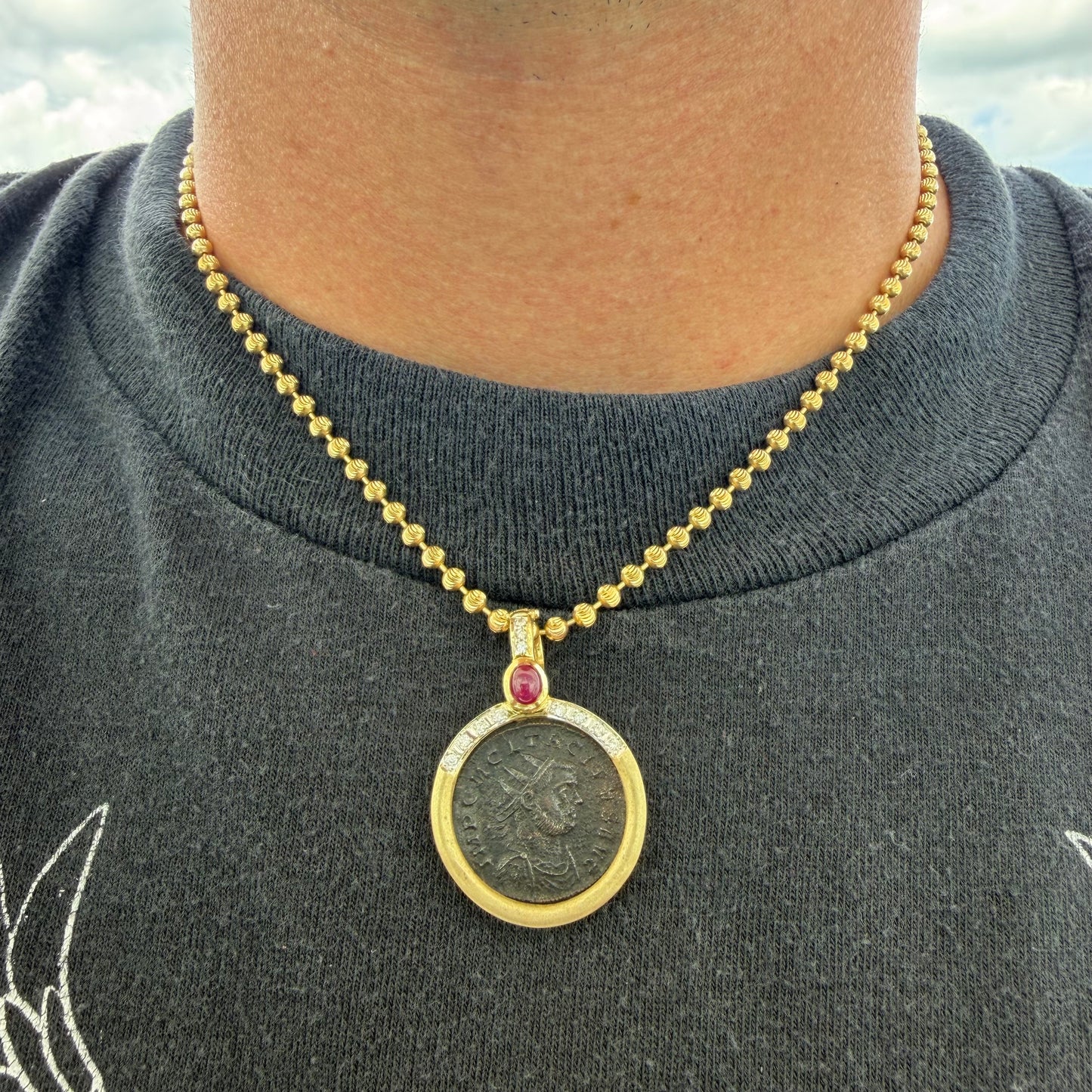 Vintage 14k Yellow Gold Natural Diamond and Ruby Ancient 275-276A.D Tacitus Roman Coin Pendant