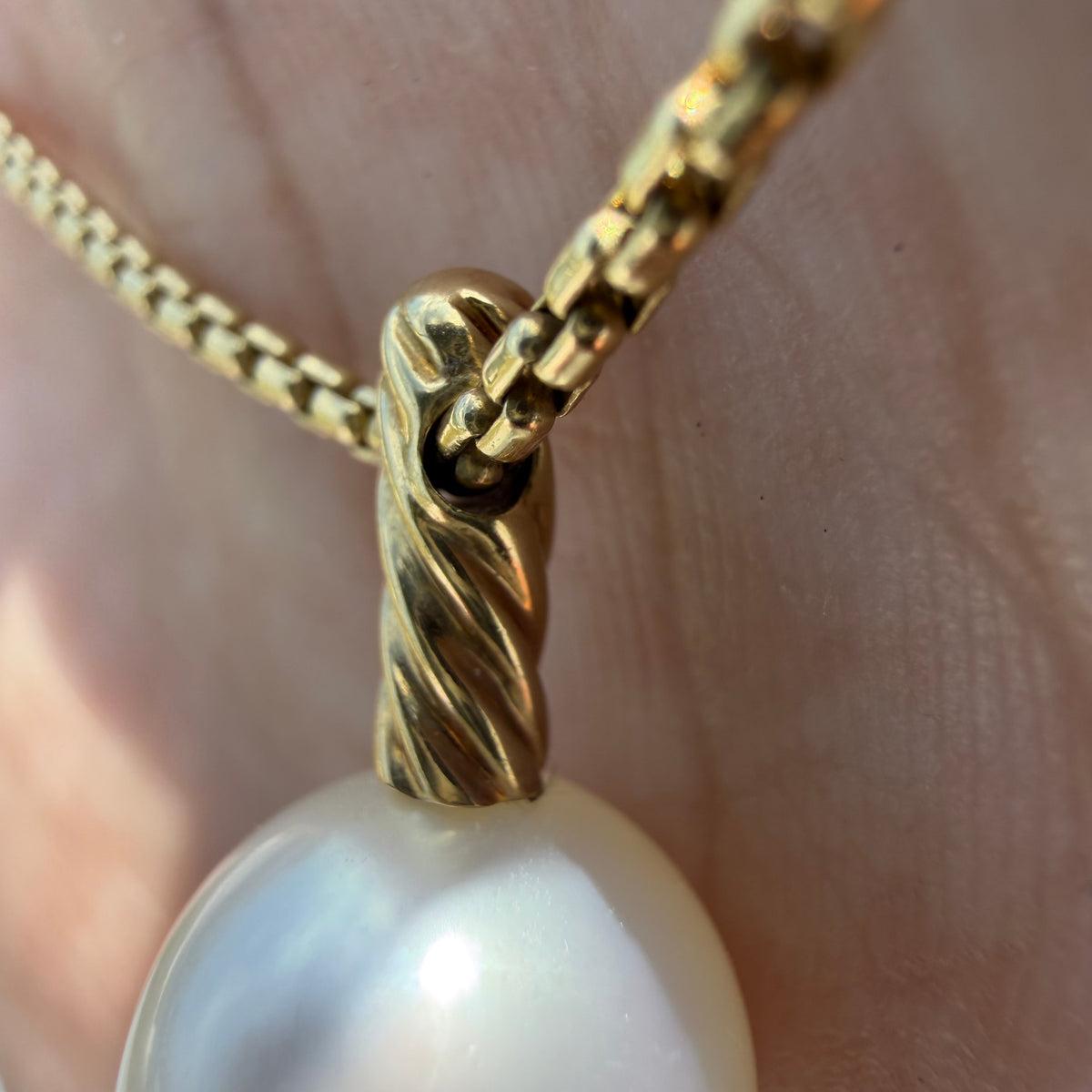 David Yurman Solid 18k Yellow Gold Box Chain Necklace Large Freshwater Pearl Pendant Set (16”)