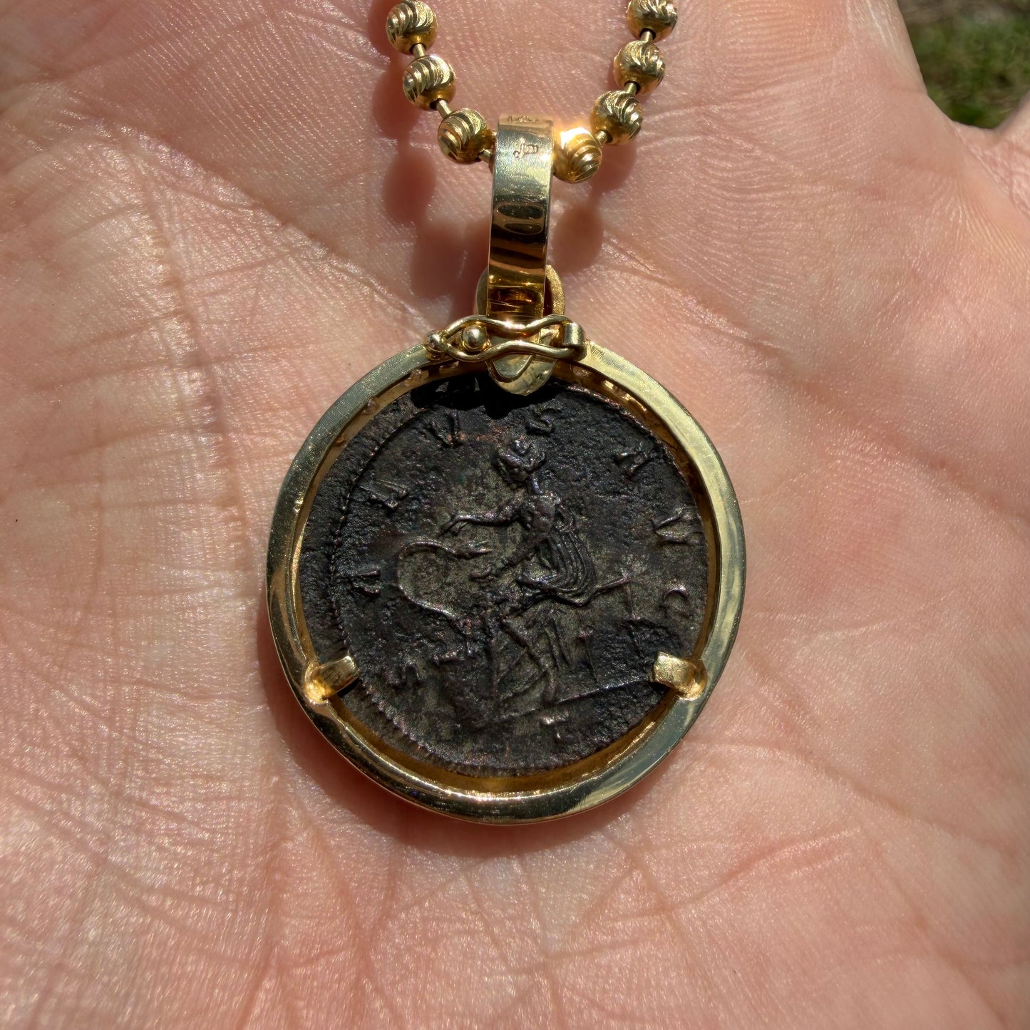 Vintage 14k Yellow Gold Natural Diamond and Ruby Ancient 275-276A.D Tacitus Roman Coin Pendant