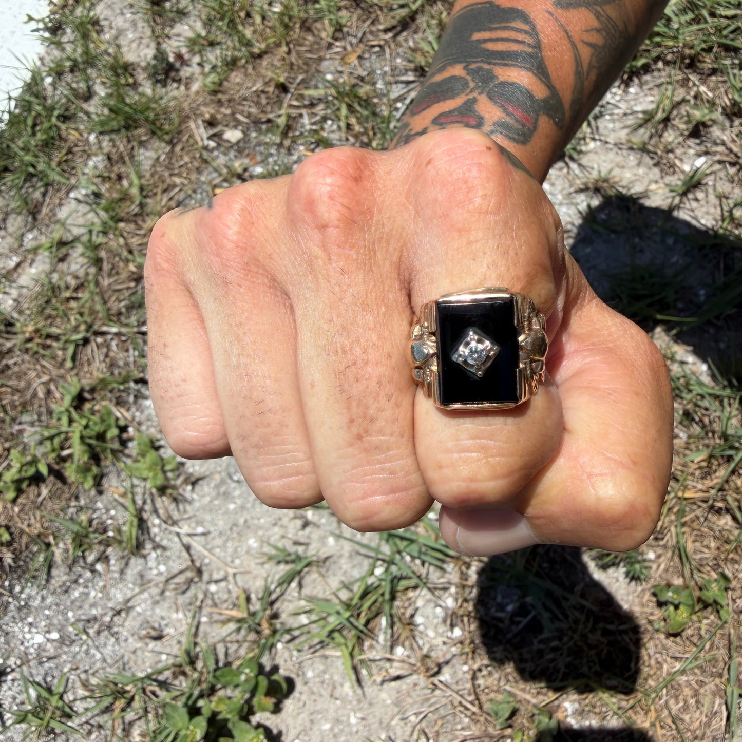1940’s Solid 10k Yellow Gold Black Onyx Natural Diamond Solitaire Double Snake Signet Ring (9)