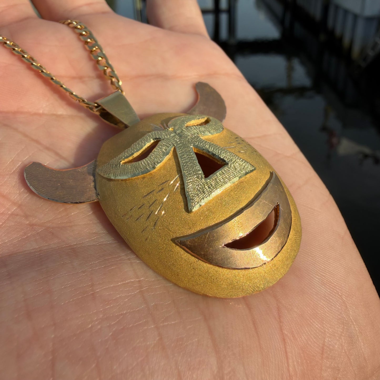 Mid-Century Solid 18k Gold Large Mexican Folkart Diablo Mask Pendant