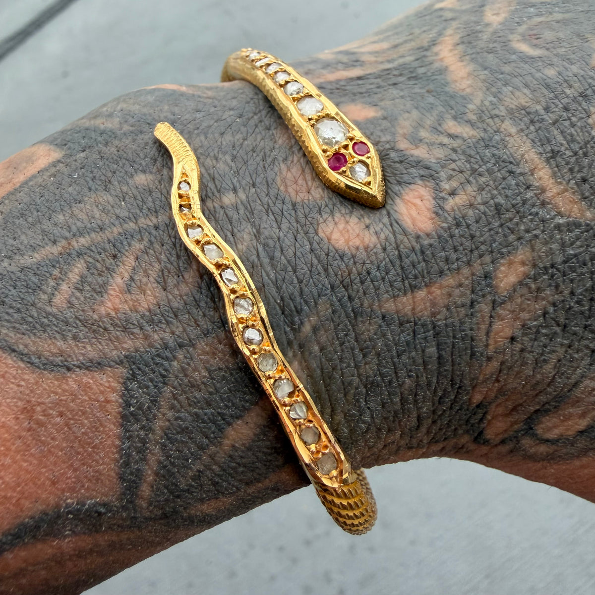 Antique Egyptian Solid 22.5k Yellow Gold Natural Rose Cut Diamond And Ruby Snake Bangle Bracelet (6.5”-8”)