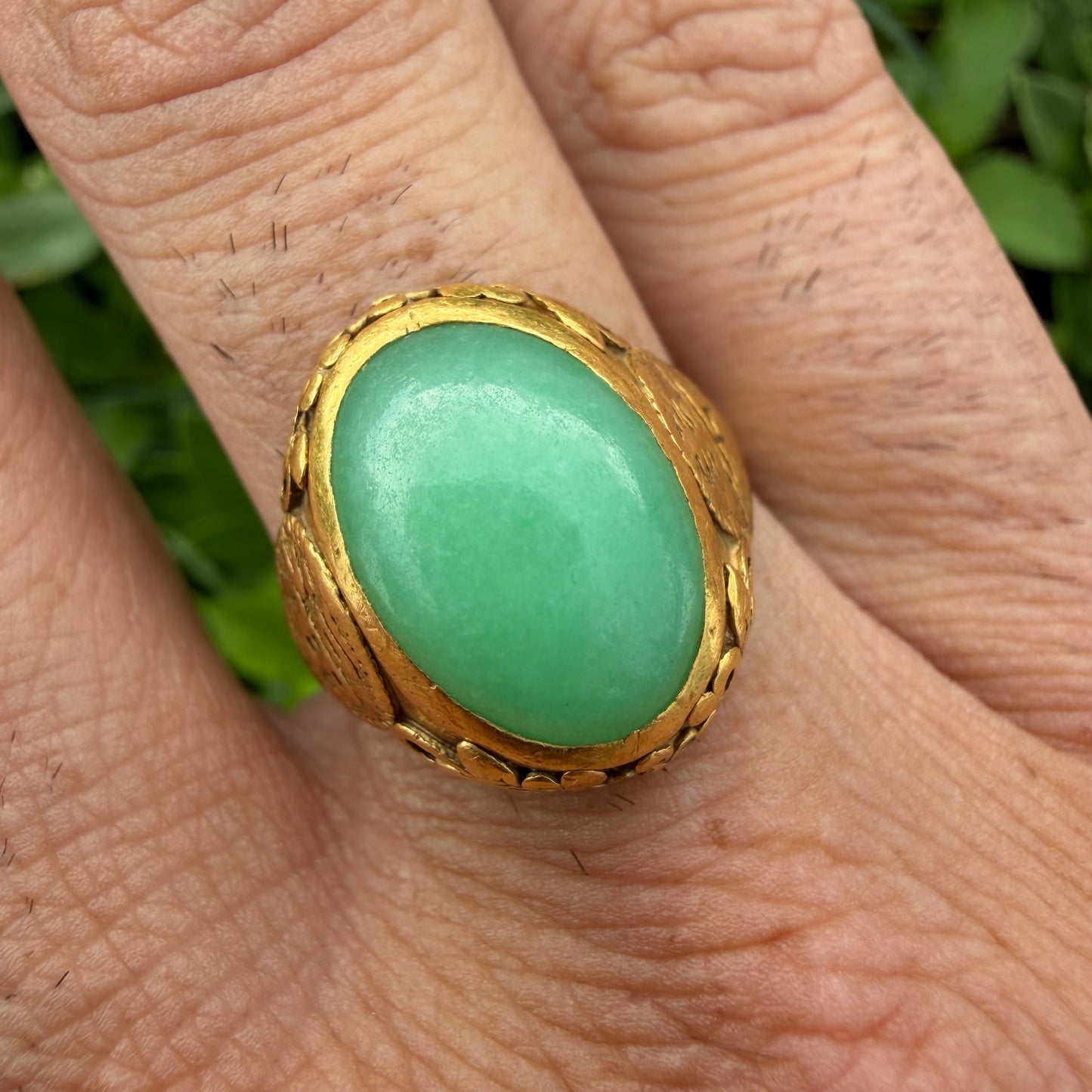 Antique Chinese Traditional 24k Yellow Gold 5.0ct Green Apple Jadeite Fu Ring (10.25)