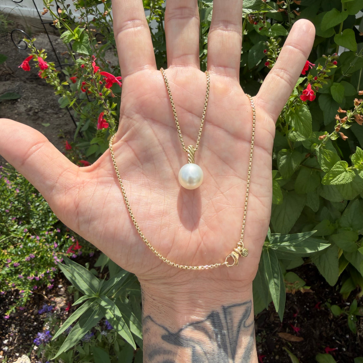 David Yurman Solid 18k Yellow Gold Box Chain Necklace Large Freshwater Pearl Pendant Set (16”)
