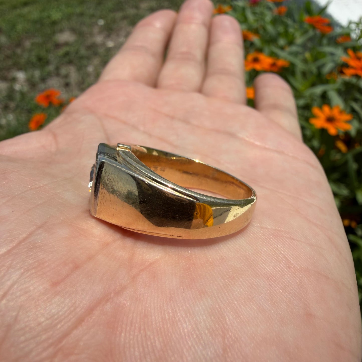 Art Deco Solid 14k Yellow Gold .60ct Old Euro Cut Natural Diamond Solitaire Gents Ring (10.5)