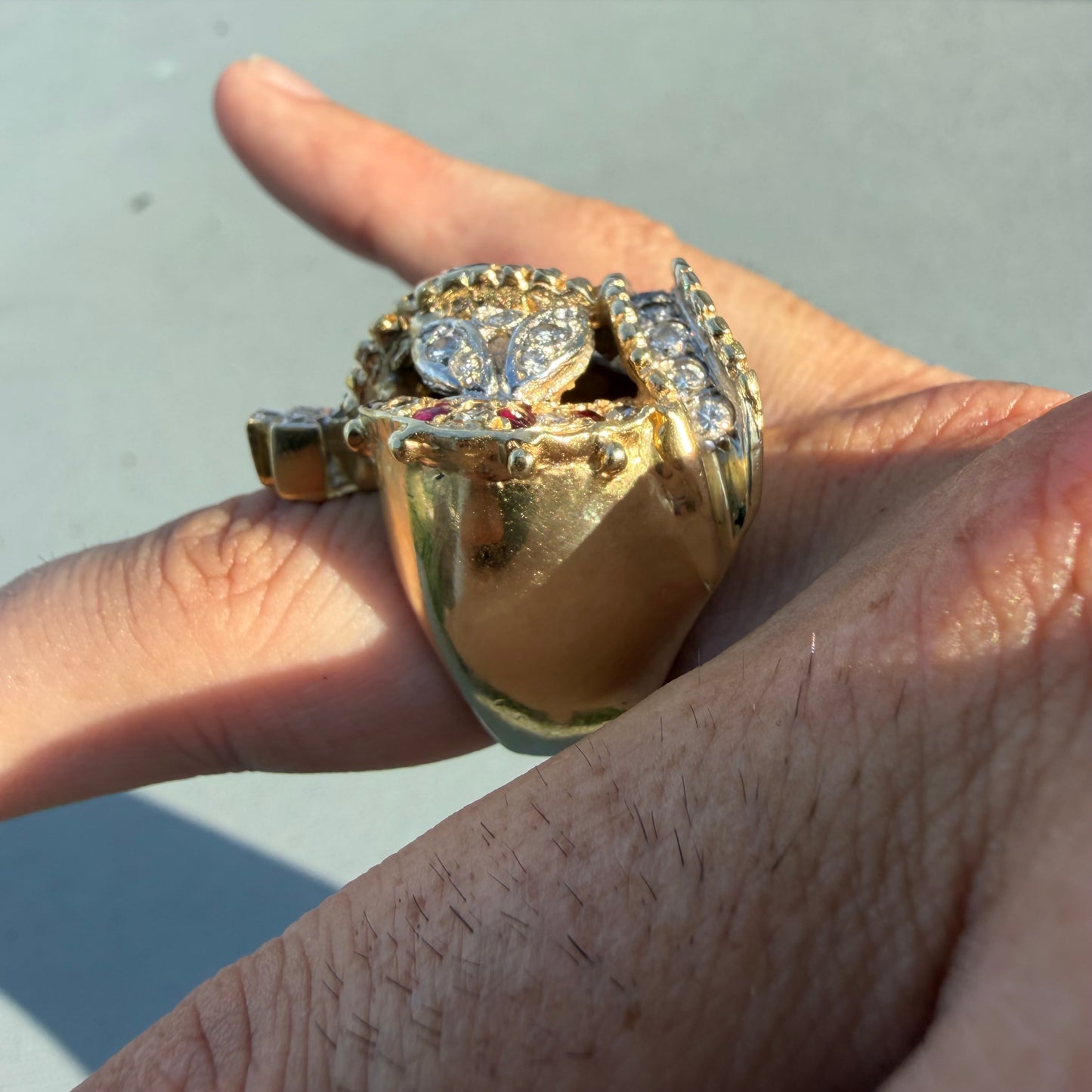 Vintage Solid 18k Yellow Gold 3.0ctw Natural Diamond And Ruby Encrusted Heavyweight Crown Ring (8)