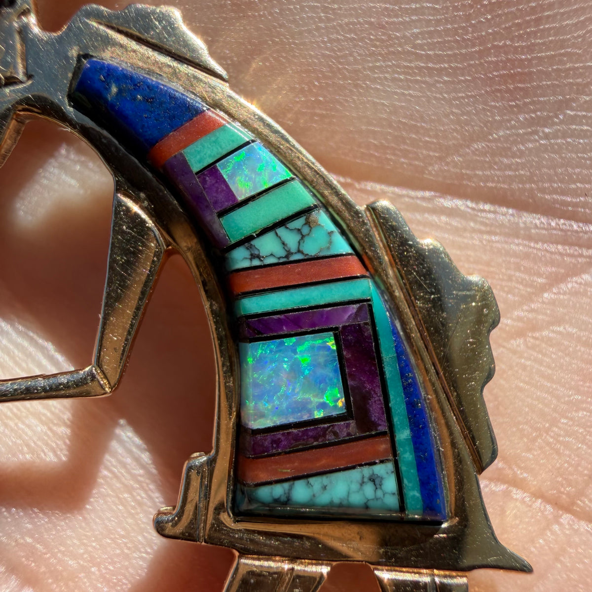 Vintage Native Southwestern Solid 14k Yellow Gold Multi-Stone Inlaid Kokopelli Pendant Signed “R. Nessie”