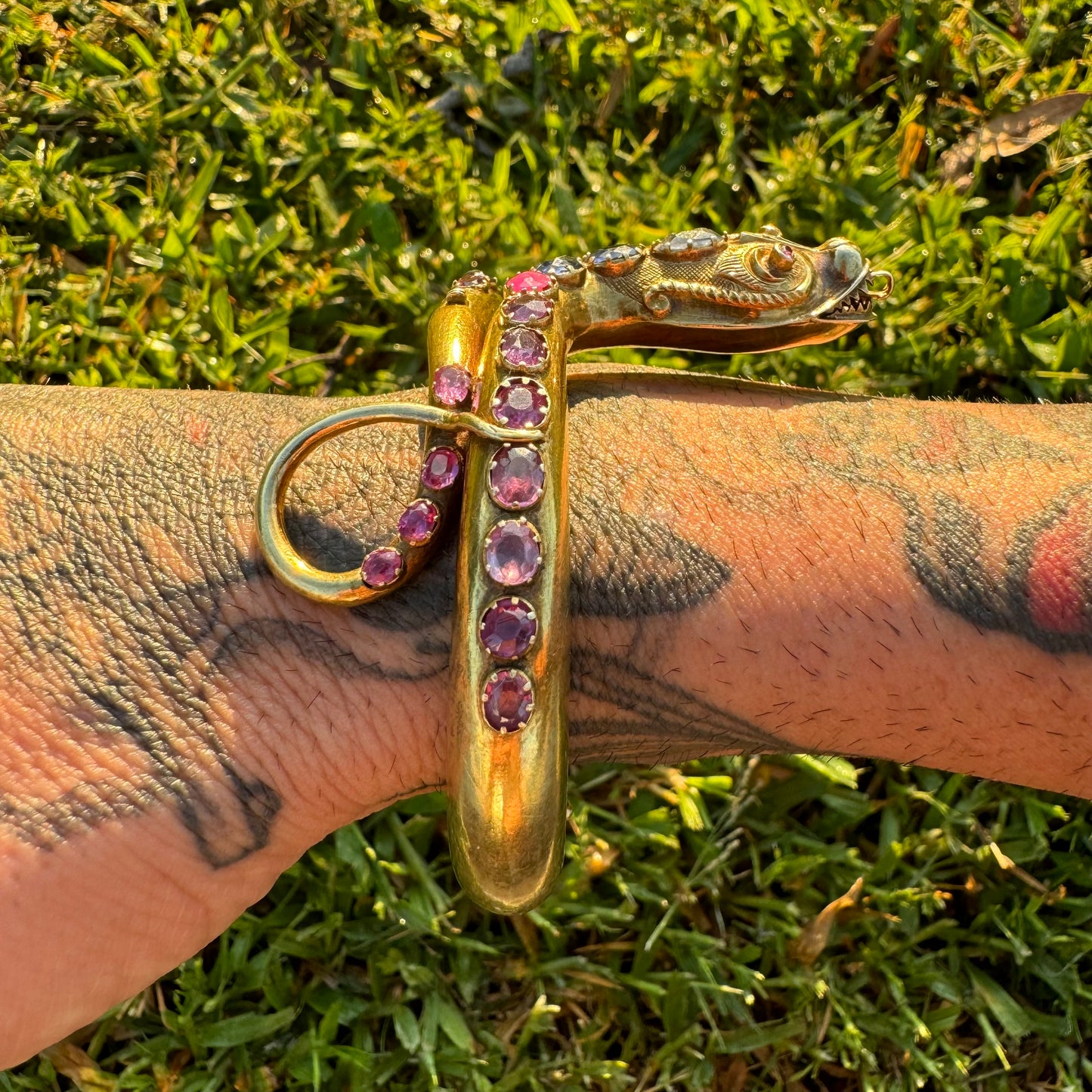 Mid 1800’s 15k Yellow Gold Blue And Pink Sapphire Encrusted Snake Bracelet (6”-7”)