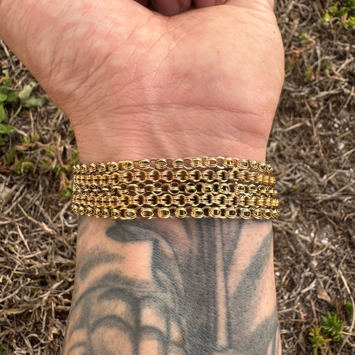 Art Nouveau Solid 14k Yellow Gold Natural Old Mine Cut Diamond Enameled Tiger Bracelet (6.25”)