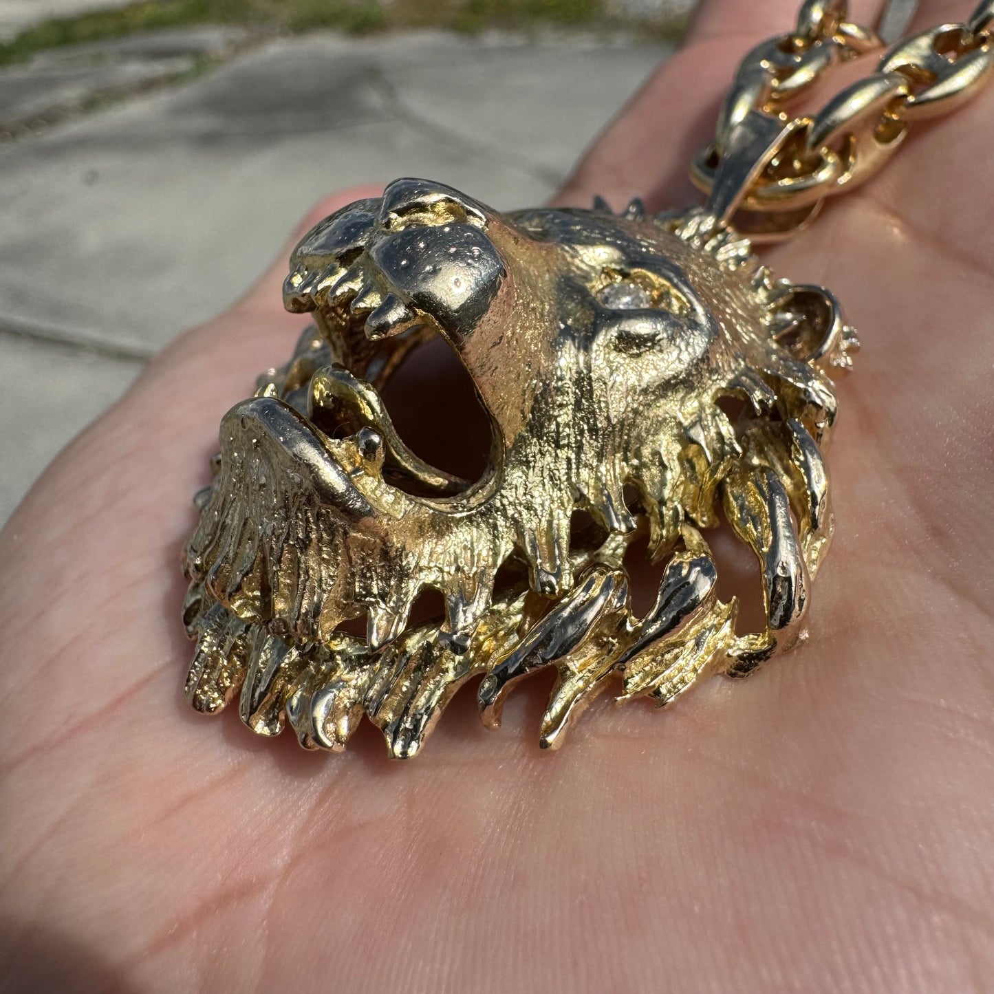 Vintage Solid 14k Yellow Gold Natural Diamond Large Heavyweight Lion Pendant