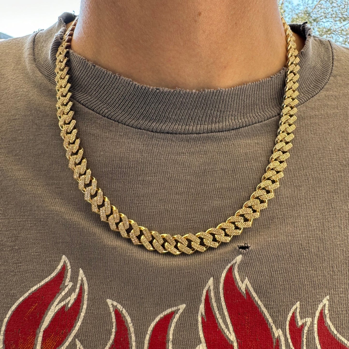 Solid 10k Yellow Gold 2 Row Prong Set 20.0ctw Natural Diamond Cuban Link Necklace (20”)