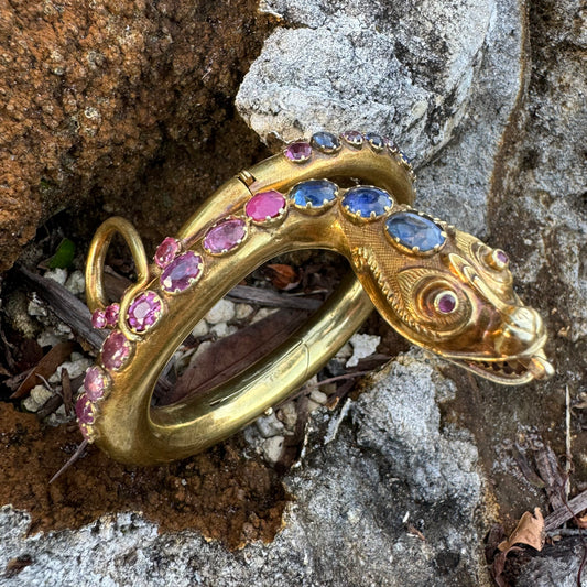 Mid 1800’s 15k Yellow Gold Blue And Pink Sapphire Encrusted Snake Bracelet (6”-7”)