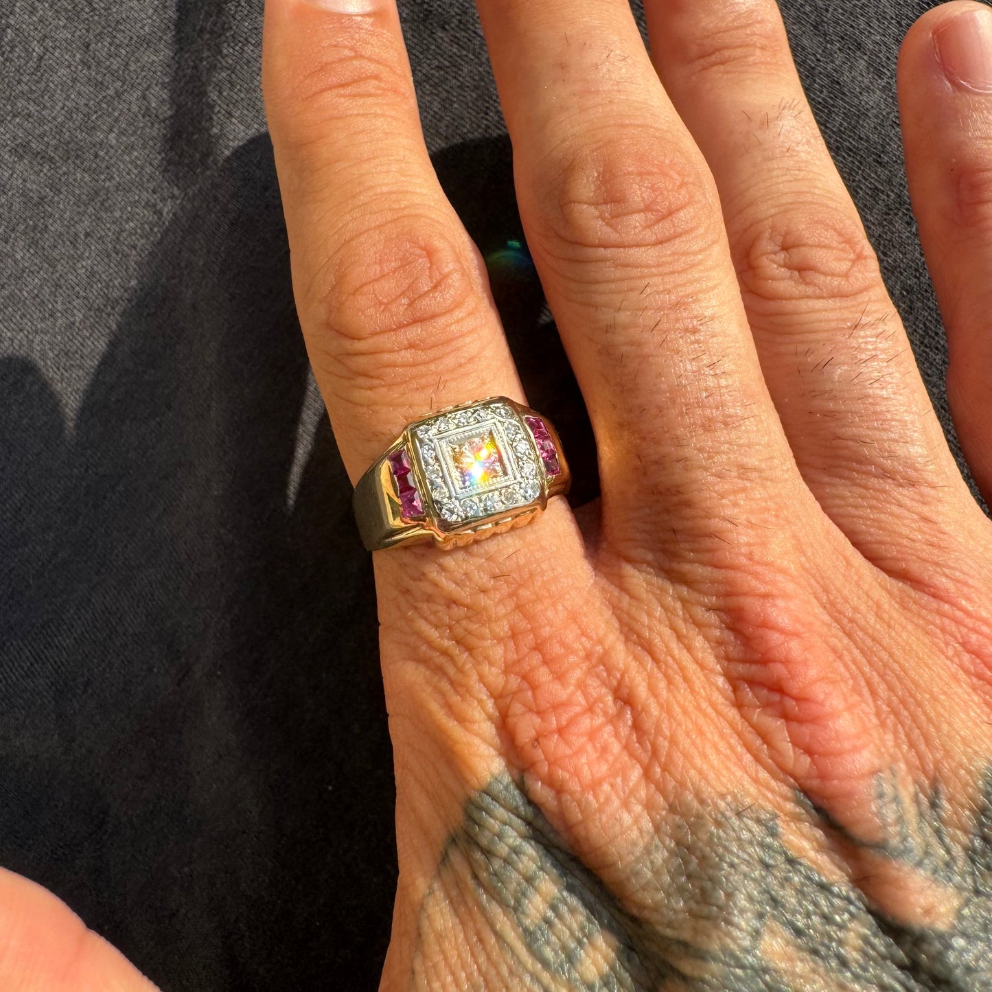 Mid Century Natural VS Quality Diamond And Ruby Mafioso Gents Ring (10.5)