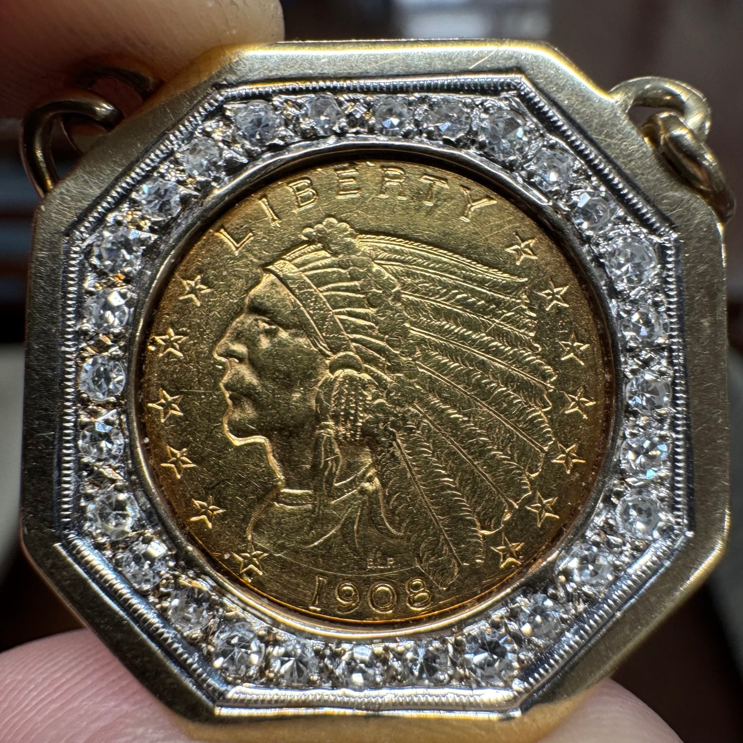 1908 $2.5 Gold Indian Head Coin Natural Diamond Curb Link Necklace (16”)