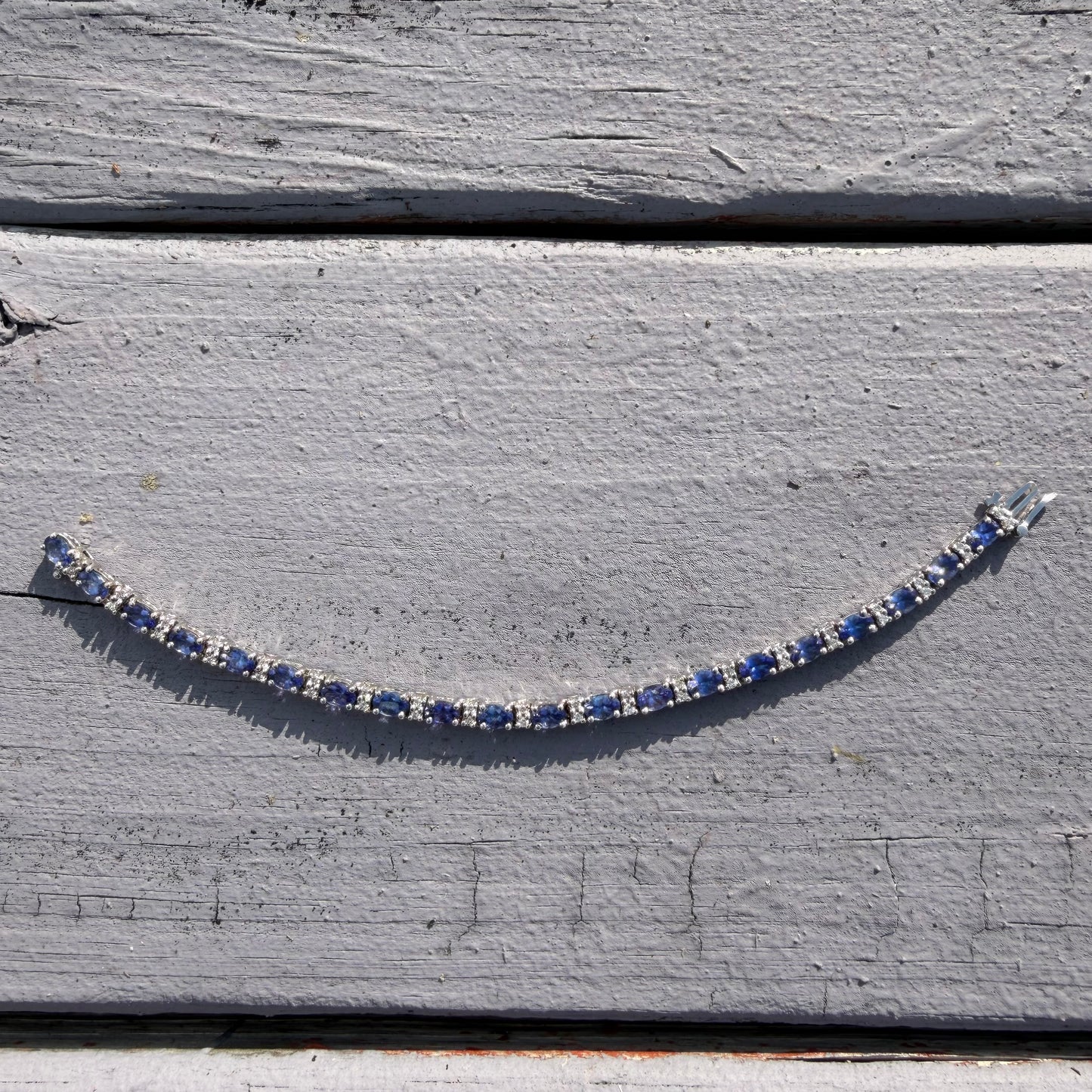 Vintage Solid 14k White Gold 11.0ctw Natural Tanzanite And Diamond Tennis Bracelet (7.15”)