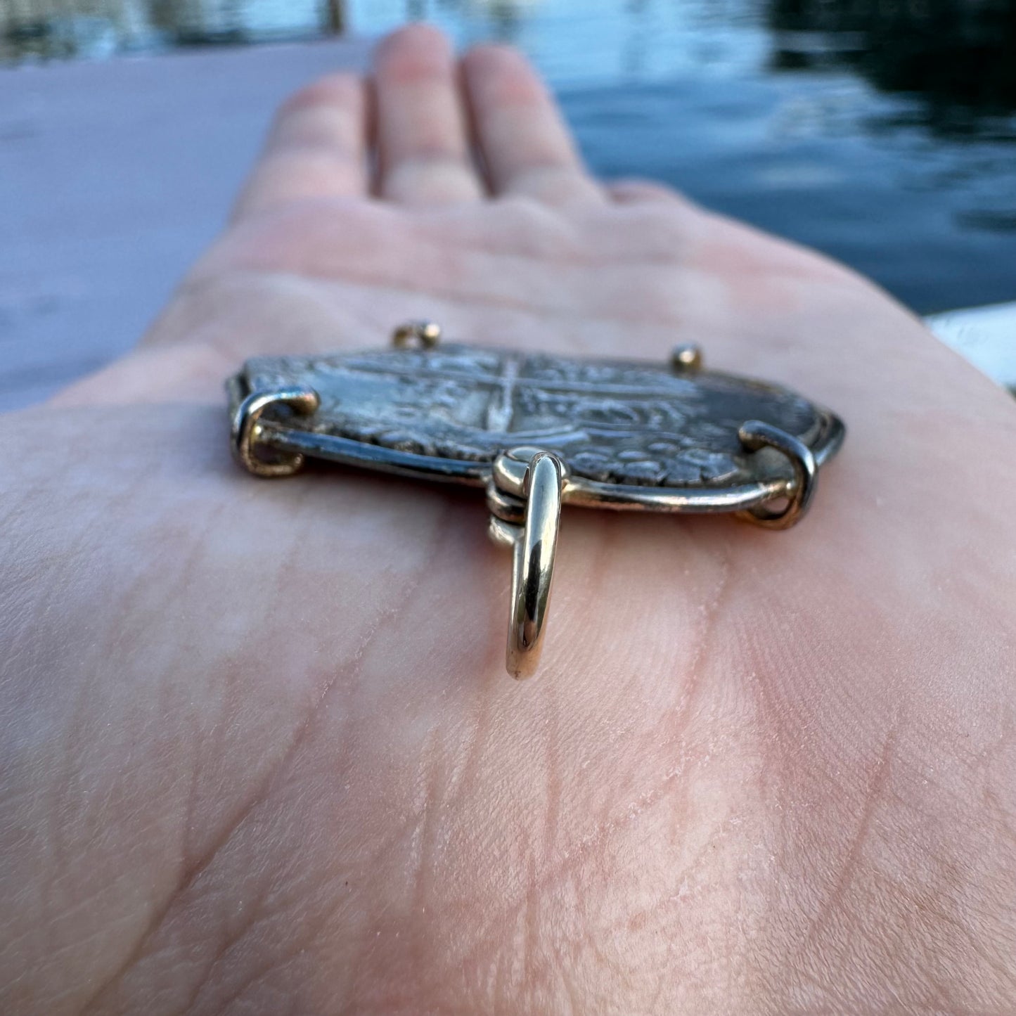 1600’s Philip III Silver 8 Reales Shipwreck Coin 14k Yellow Gold Pendant