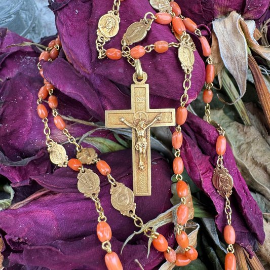 Antique French Hallmarked 18k Yellow Gold Angel Skin Coral Rosary Necklace (23”)