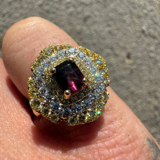 Brand New 14k Yellow Gold .73ct Natural Emerald Cut Unheated Winza Sapphire 1.04ctw Natural VS Yellow And White Diamond Ring (6.75)
