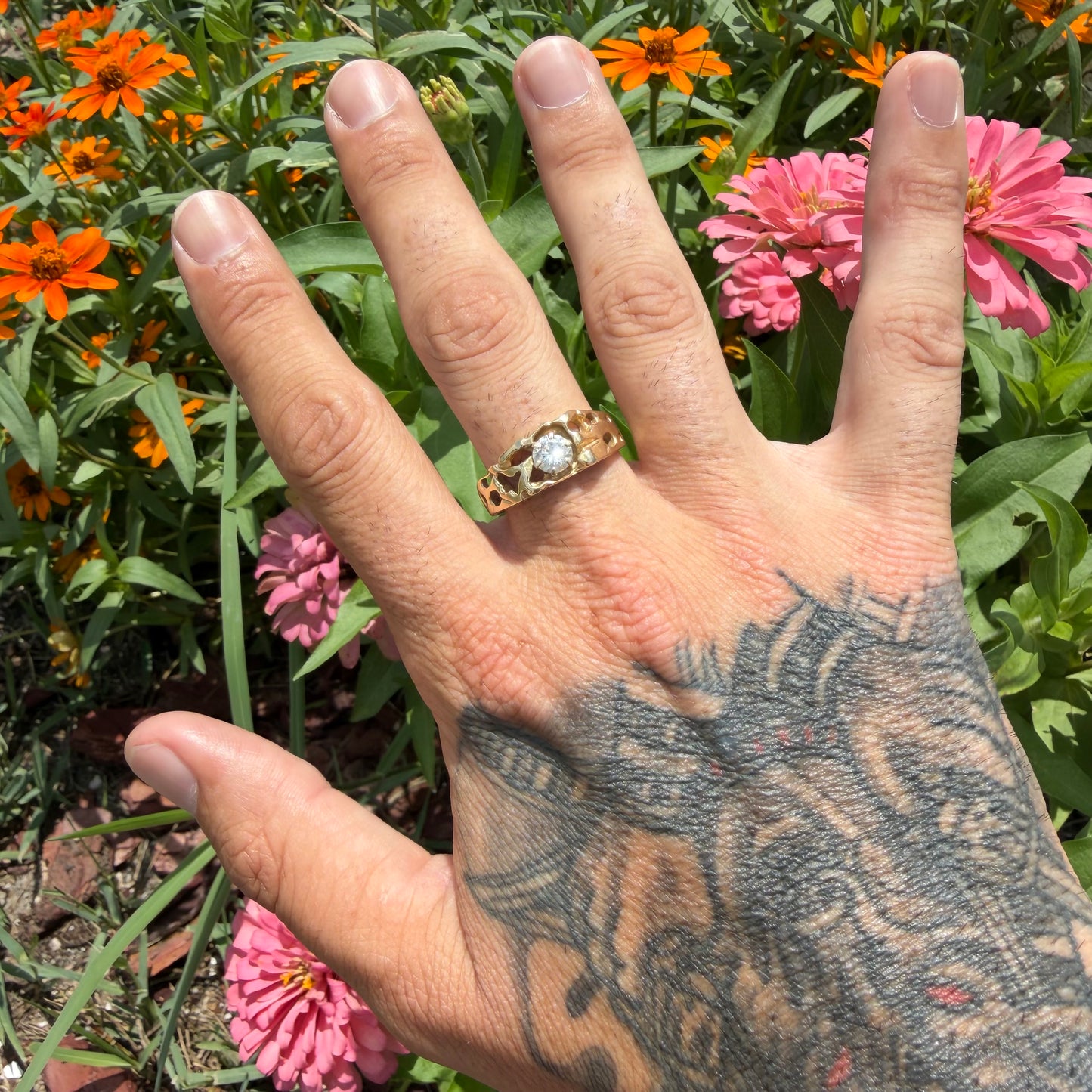 Vintage Solid 14k Yellow Gold .85ct Natural Old Euro Cut Diamond Solitaire Nugget Ring (11.5)