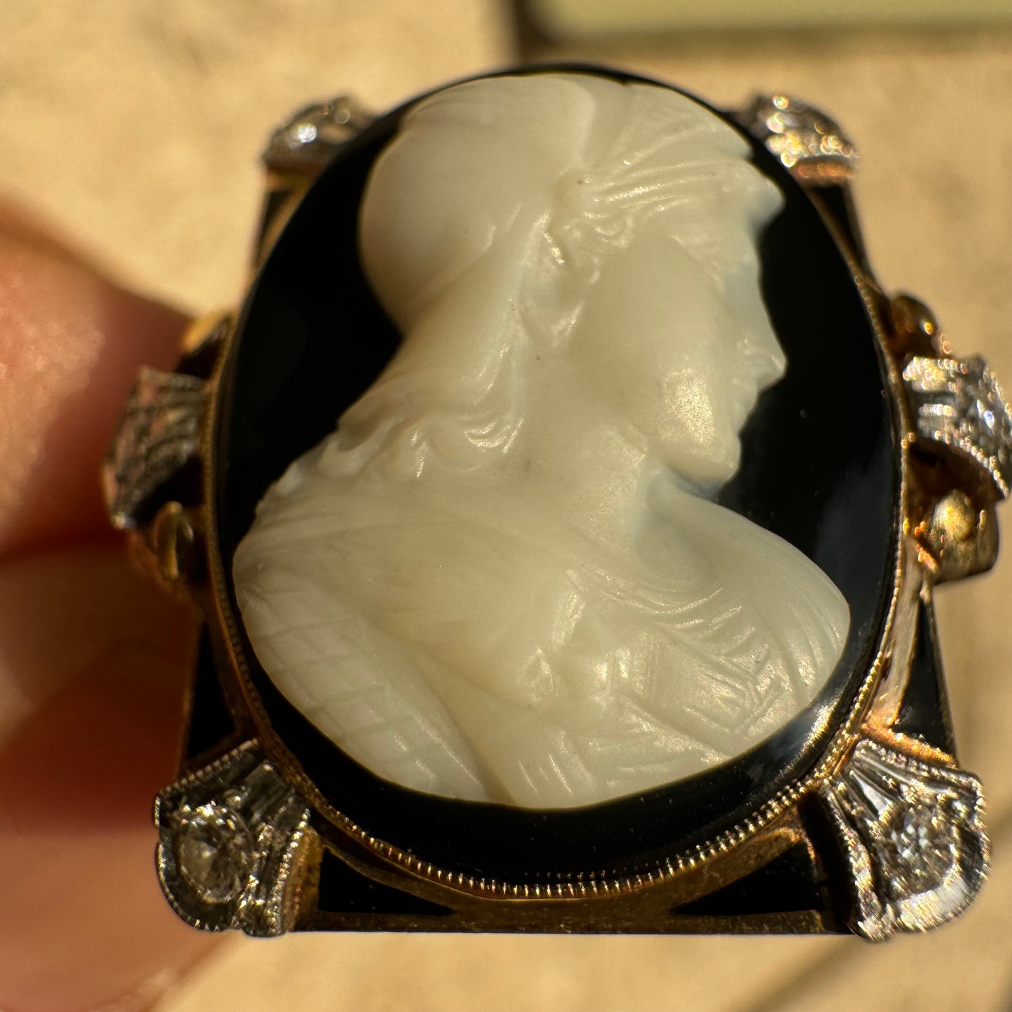 Art Deco 14k Yellow Gold And Platinum .25ctw Natural Diamond Athena (Goddess Of War) Cameo Ring (6.75)