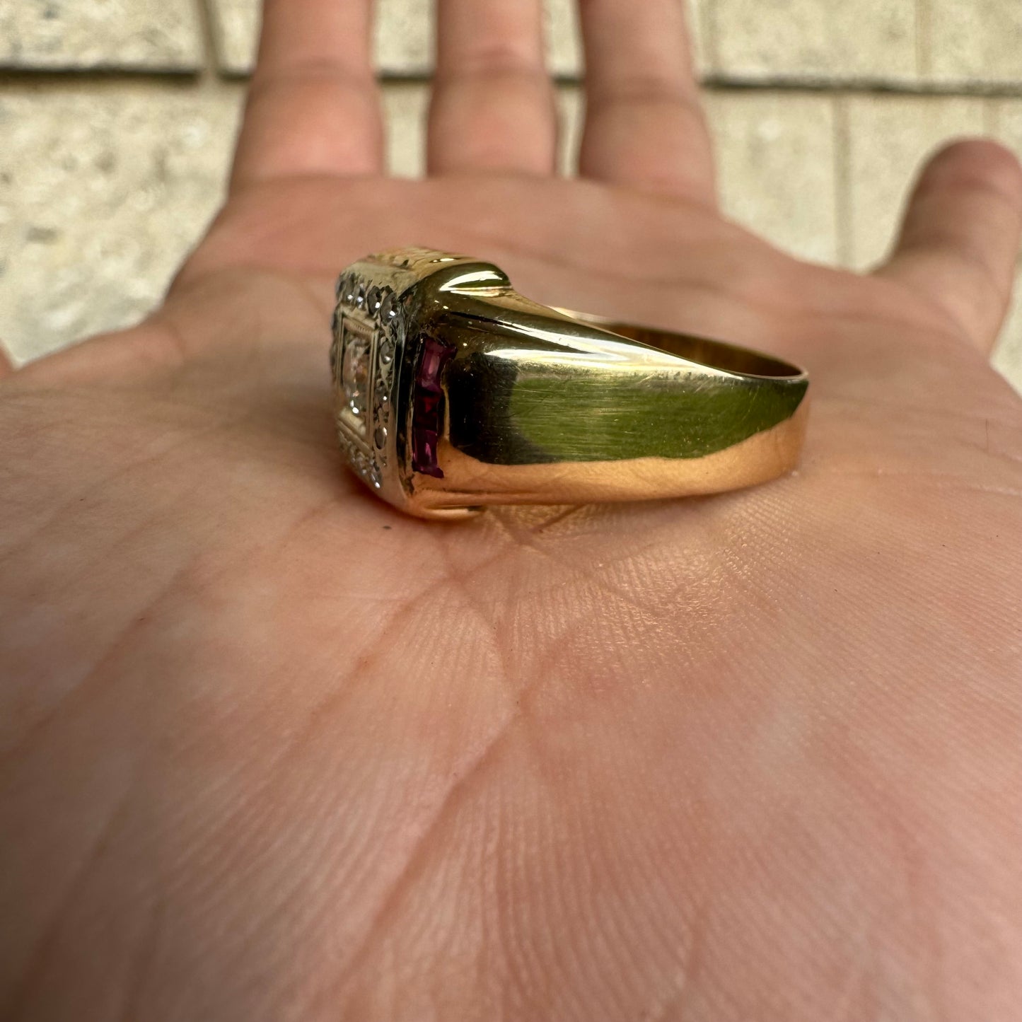 Mid Century Natural VS Quality Diamond And Ruby Mafioso Gents Ring (10.5)