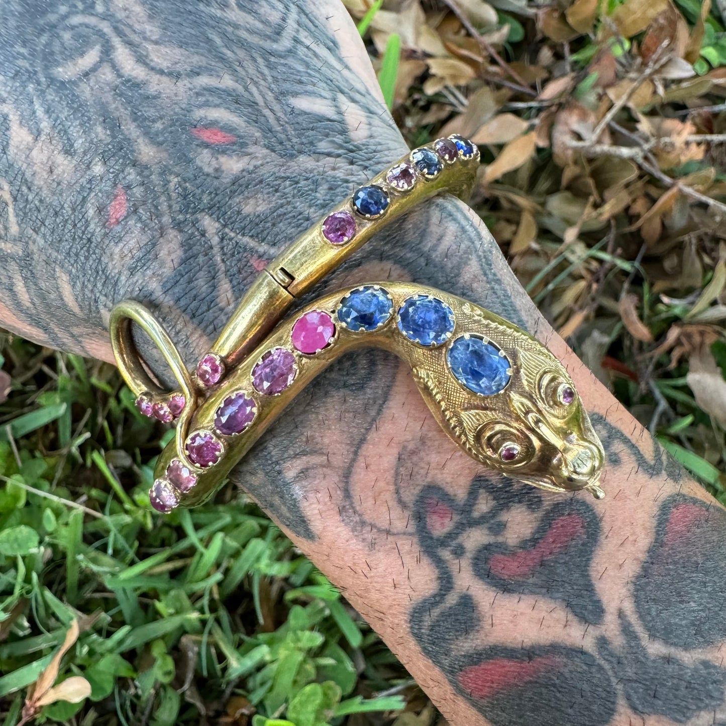 Mid 1800’s 15k Yellow Gold Blue And Pink Sapphire Encrusted Snake Bracelet (6”-7”)