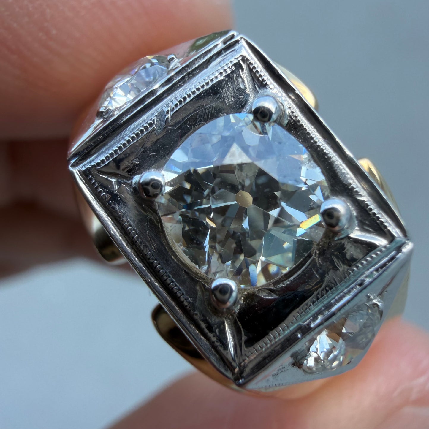 Art Deco Solid 14k Yellow Gold 1.7ctw Natural Old Euro Cut Diamond Trilogy Ring (14)