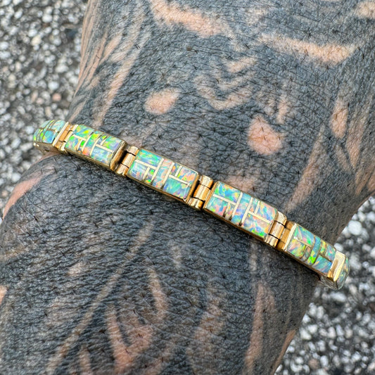 Vintage 14k Yellow Gold Mosaic Cut Opal Inlaid Bracelet (7.25”)