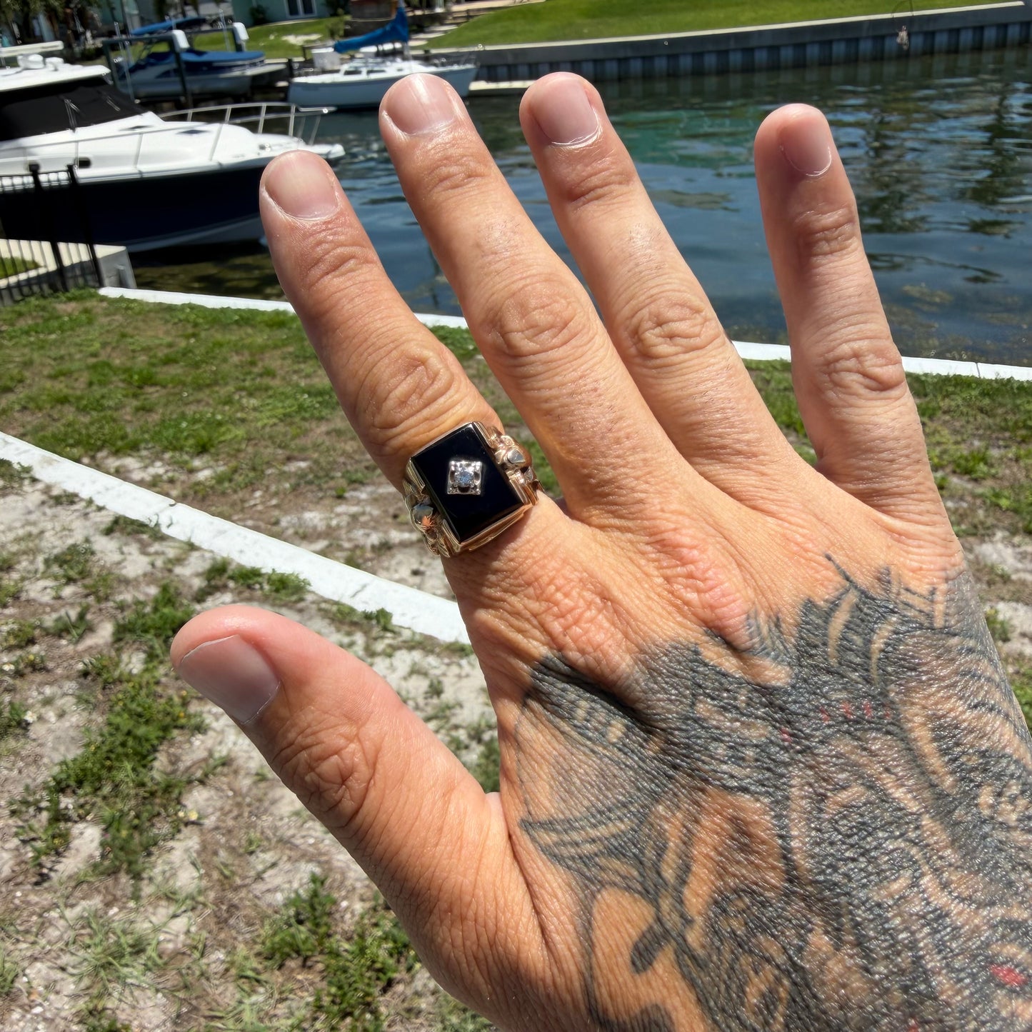 1940’s Solid 10k Yellow Gold Black Onyx Natural Diamond Solitaire Double Snake Signet Ring (9)