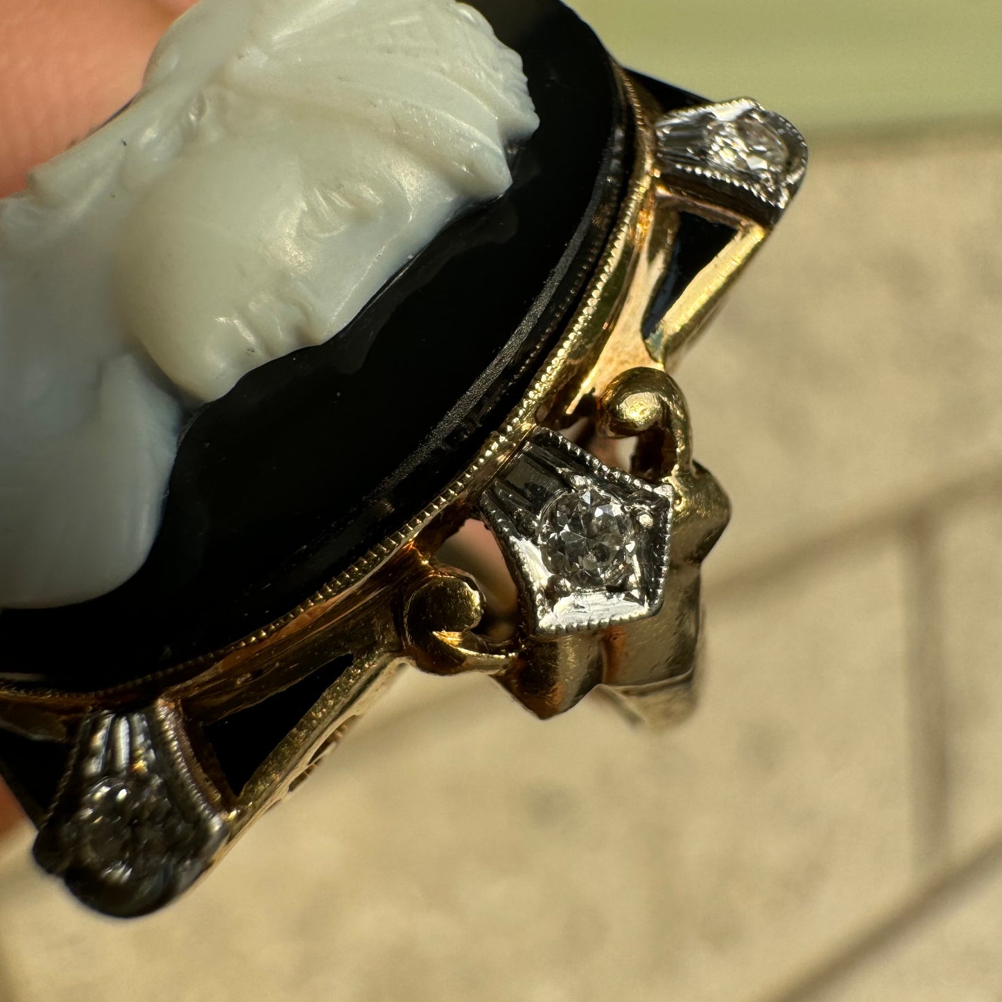 Art Deco 14k Yellow Gold And Platinum .25ctw Natural Diamond Athena (Goddess Of War) Cameo Ring (6.75)