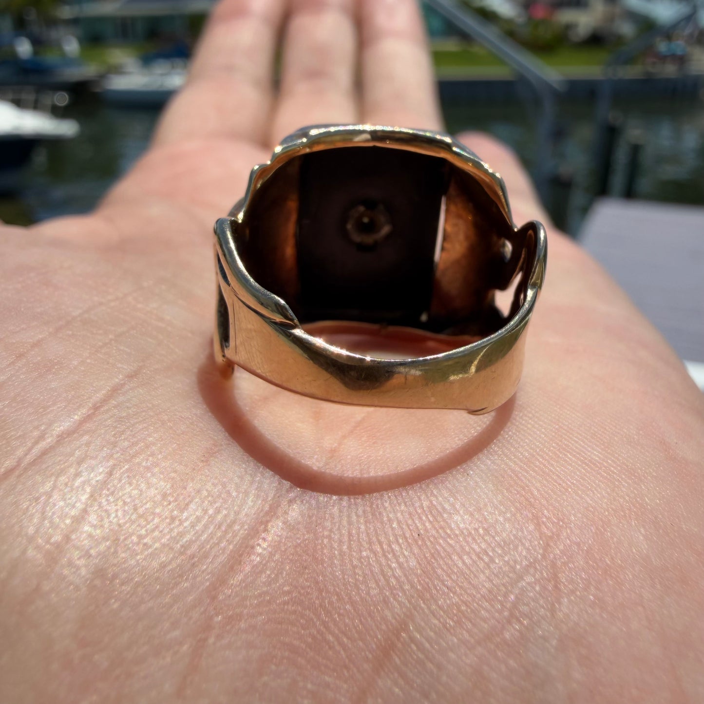 1940’s Solid 10k Yellow Gold Black Onyx Natural Diamond Solitaire Double Snake Signet Ring (9)