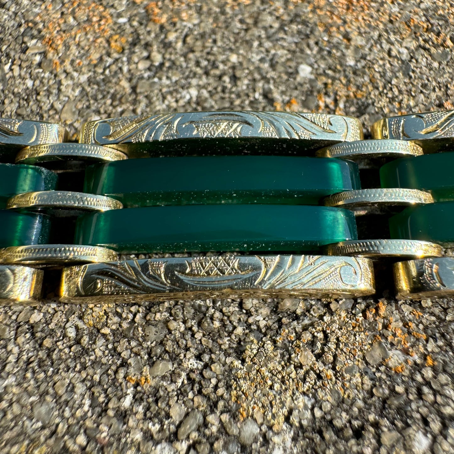 Art Deco Austro-Hungarian 14k Yellow Gold Chrysoprase Glass Enameled Floral Engraved Bracelet (7”)