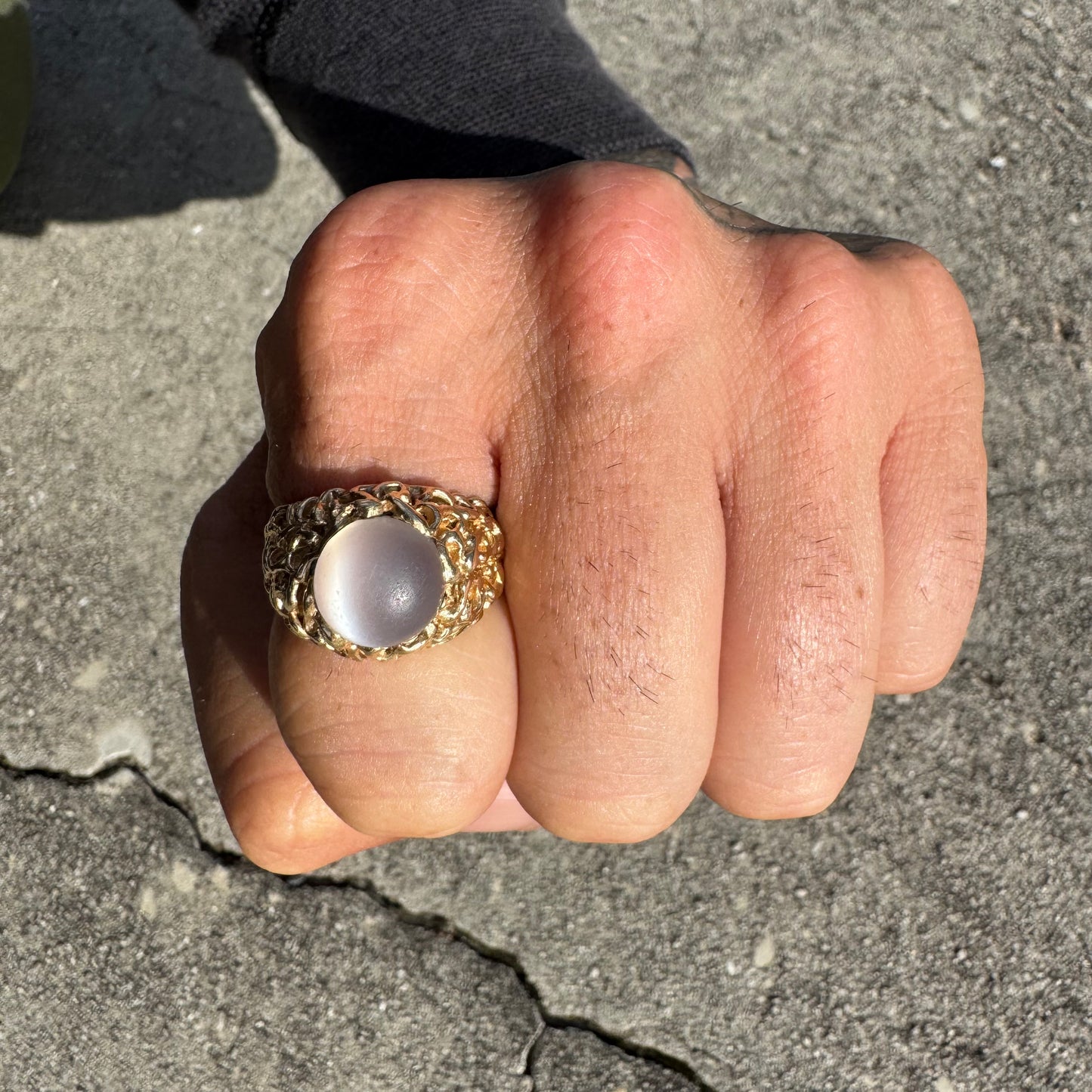 1970’s Solid 14k Yellow Gold Heavyweight Brutalist Moonstone Ring (9)