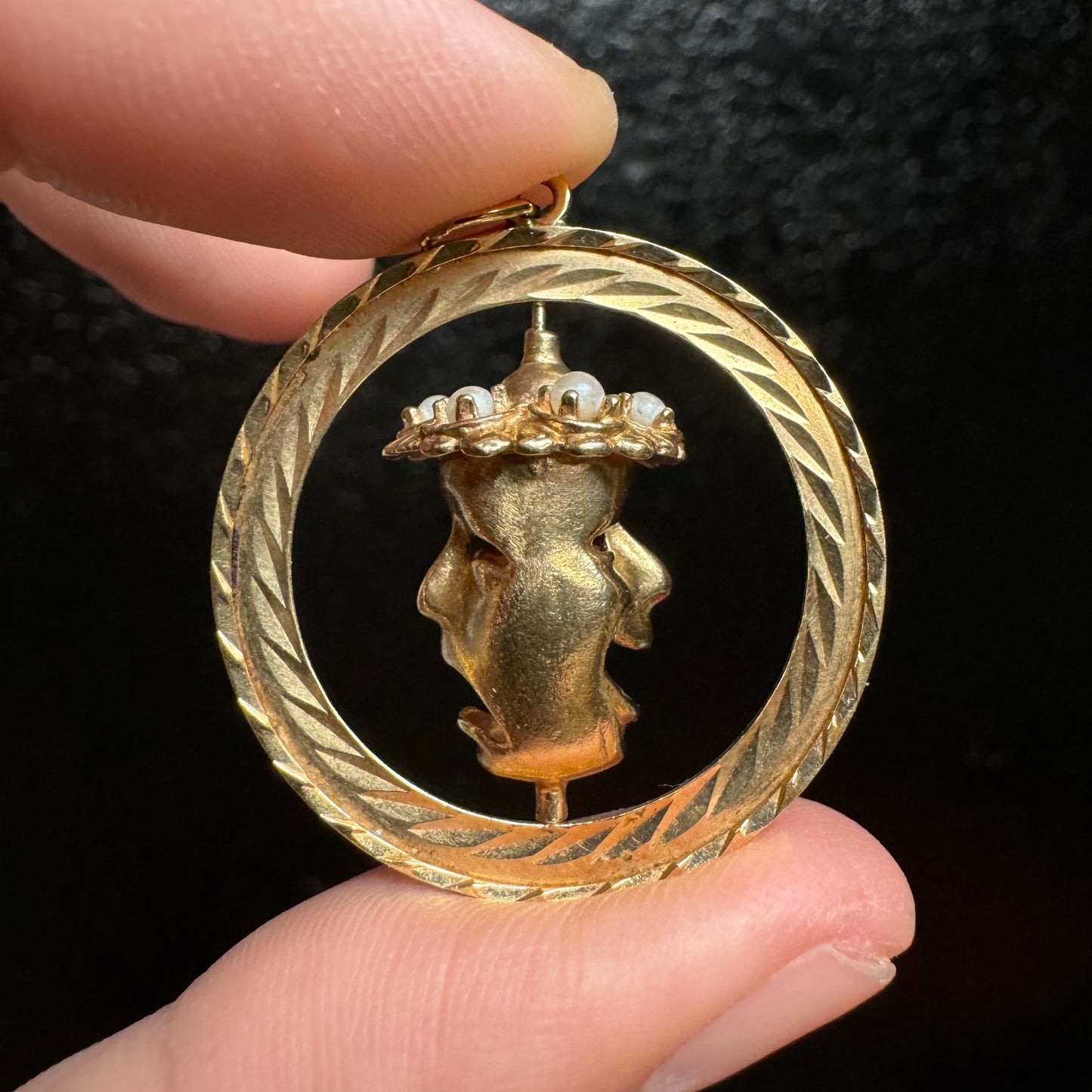Mid Century 14k Yellow Gold Laugh Now Cry Later Spinner Pendant
