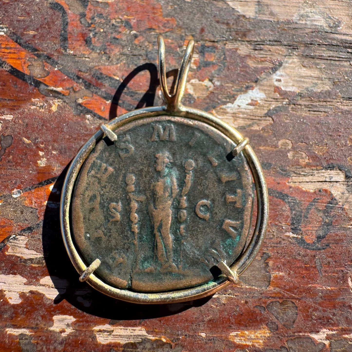 235 A.D Maximinus Thrax Bronze Roman Coin Solid 14k Yellow Gold Pendant