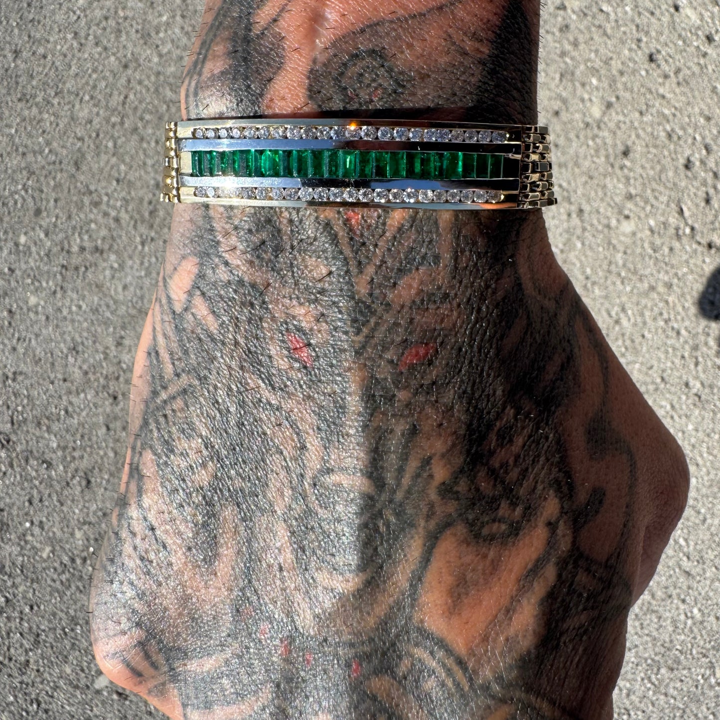 Vintage Heavyweight Solid 14k Yellow Gold 4ctw Natural Emerald And Diamond Panther Link ID Bracelet (7.75”)