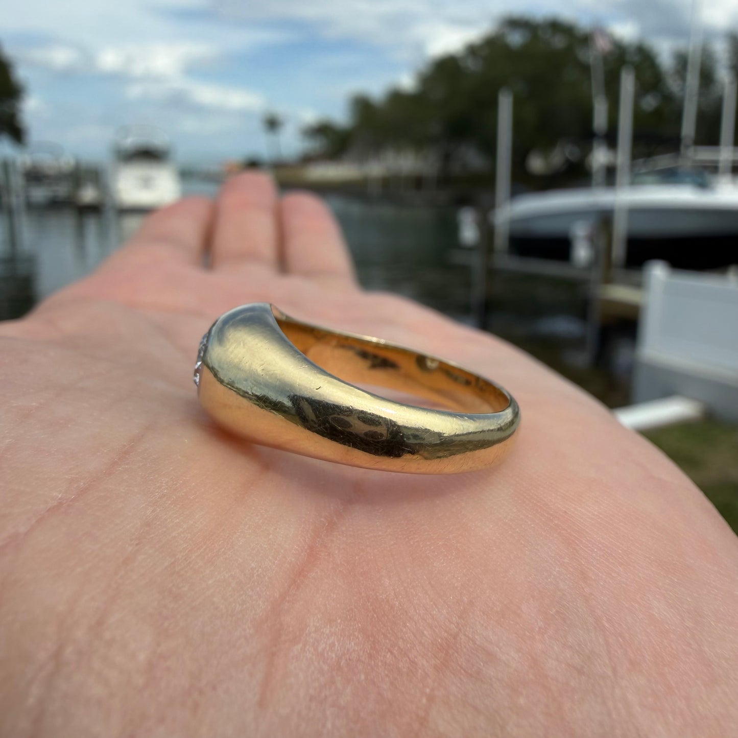 Art Deco Solid 14k Yellow Gold .40ct Natural VS Old Euro Cut Diamond Rub Over Gypsy Ring (8.5)
