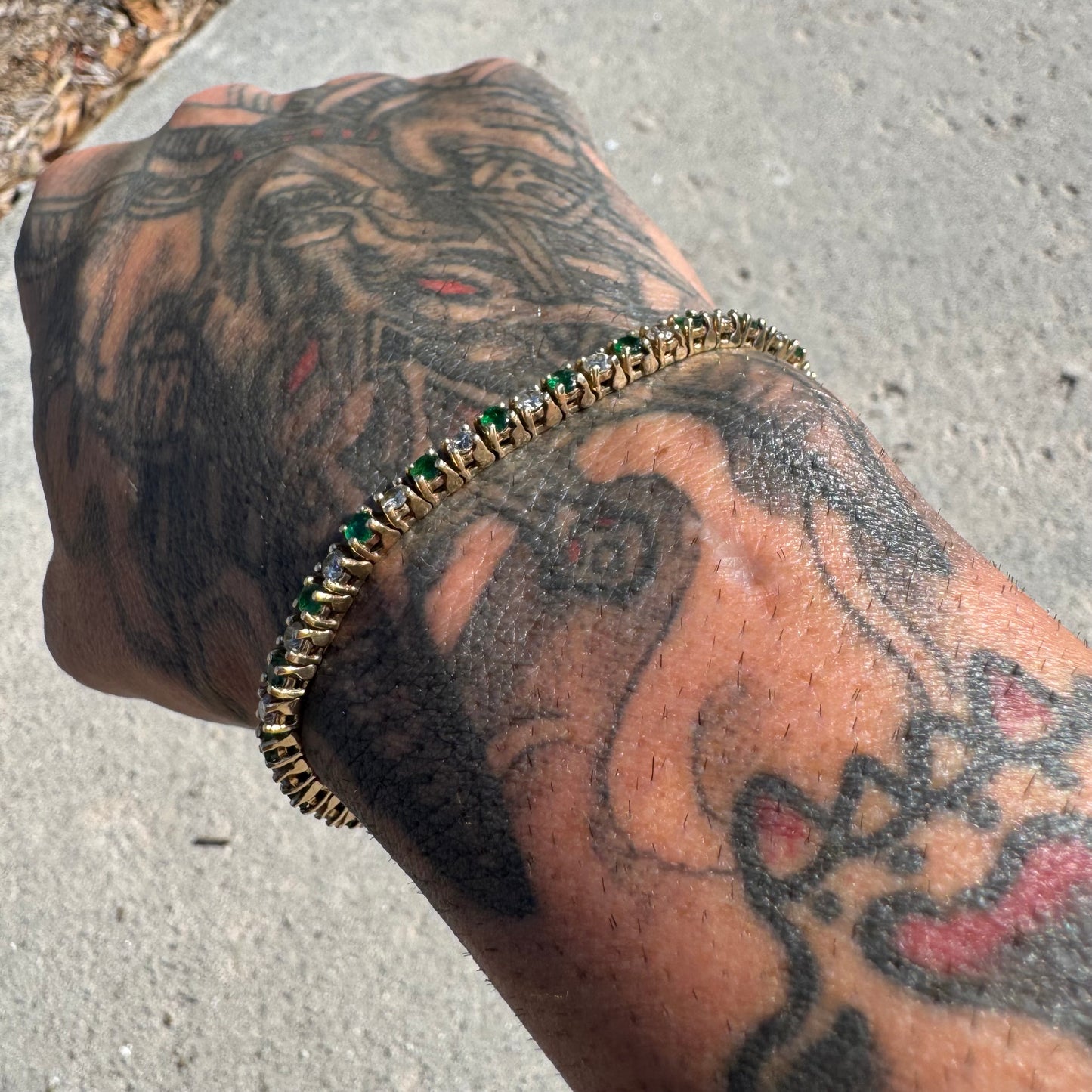 Vintage 14k Yellow Gold 3.5ctw Natural Diamond And Emerald Classic Tennis Bracelet (7.25”)
