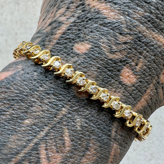 Vintage 14k Yellow Gold 2.0CTW Natural Diamond S-Link Tennis Bracelet (7.5”)