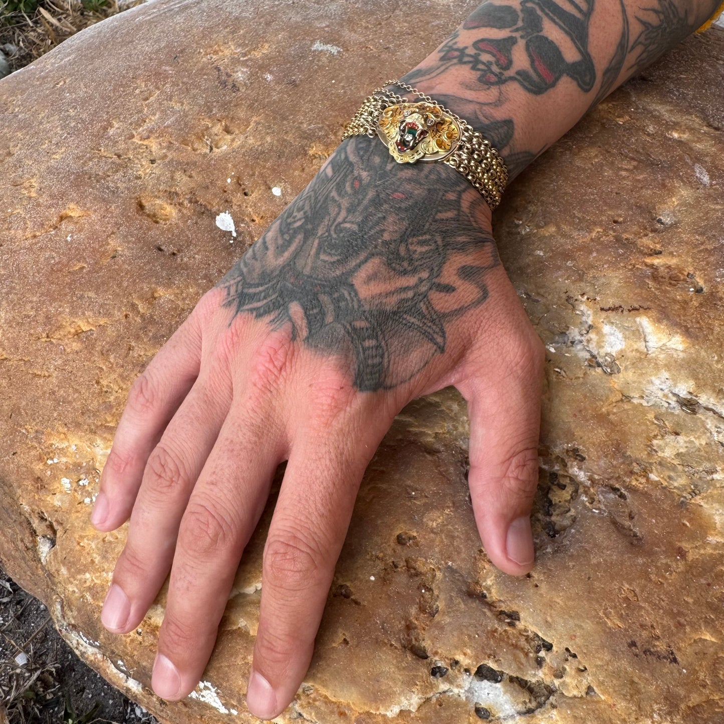 Art Nouveau Solid 14k Yellow Gold Natural Old Mine Cut Diamond Enameled Tiger Bracelet (6.25”)