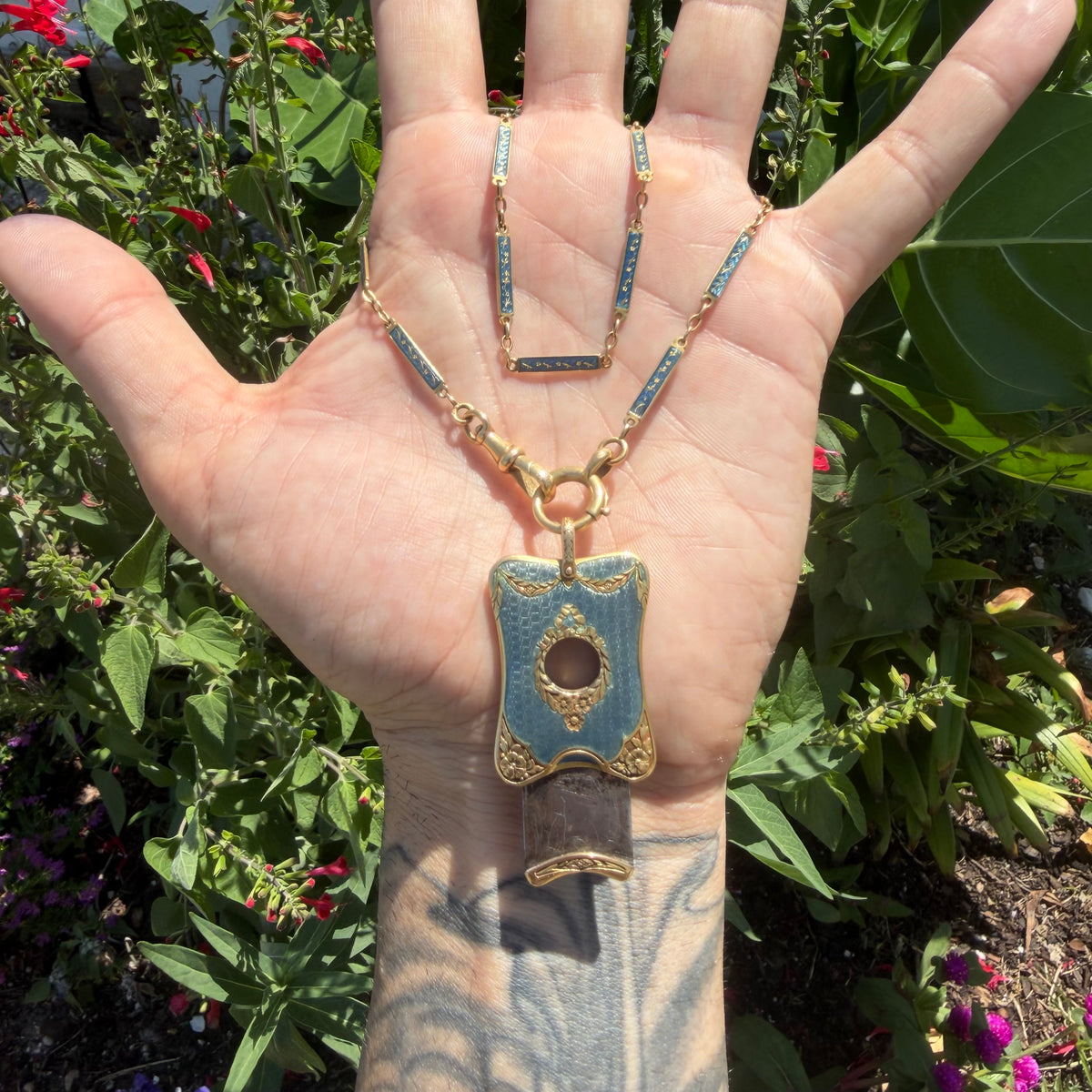 Victorian French 18k Yellow Gold Guilloche Enameled Watch Chain Cigar Cutter Fob Necklace Set (14”)