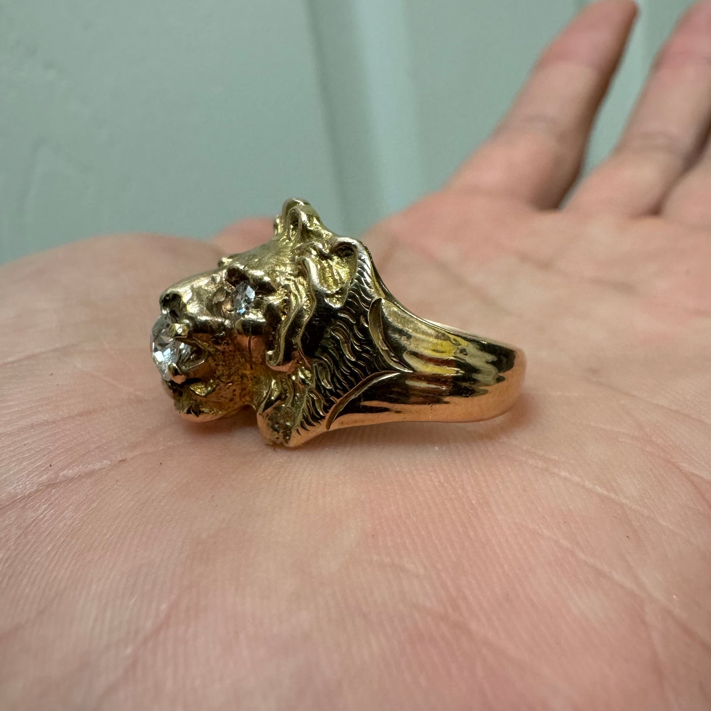 Victorian Era Solid 14k Yellow Gold .50Ct Natural Old Euro Cut Diamond Lion Ring (7.5)