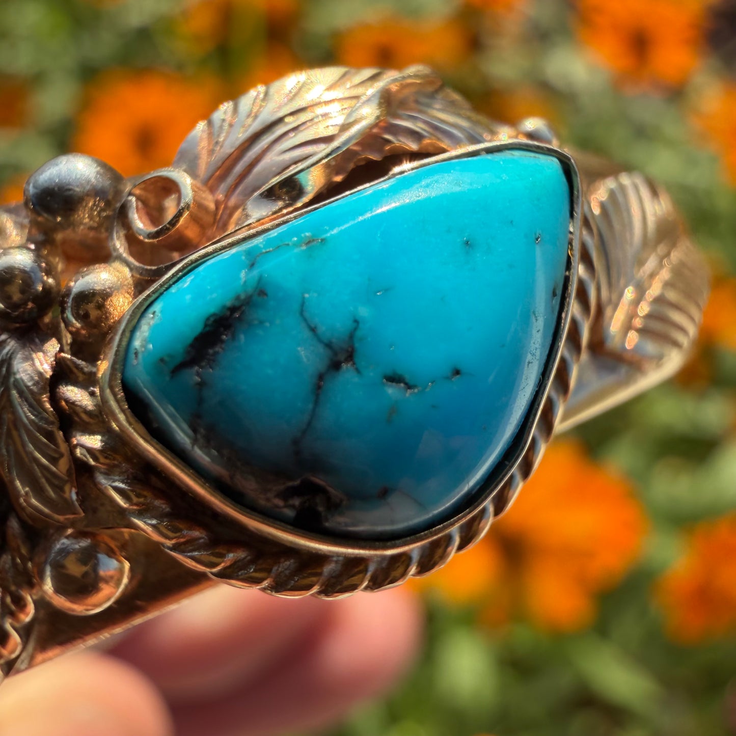 Vintage Solid 14k Yellow Gold Navajo Artist Signed Justin Morris Kingman Turquoise Cuff (6”-7”)