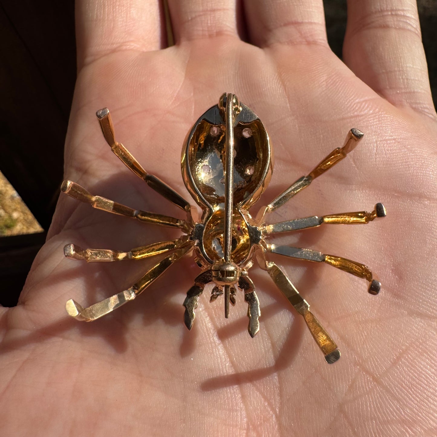 Victorian Solid 18k Gold Natural Rose Cut Diamond And Ruby Large Spider Brooch Pendant