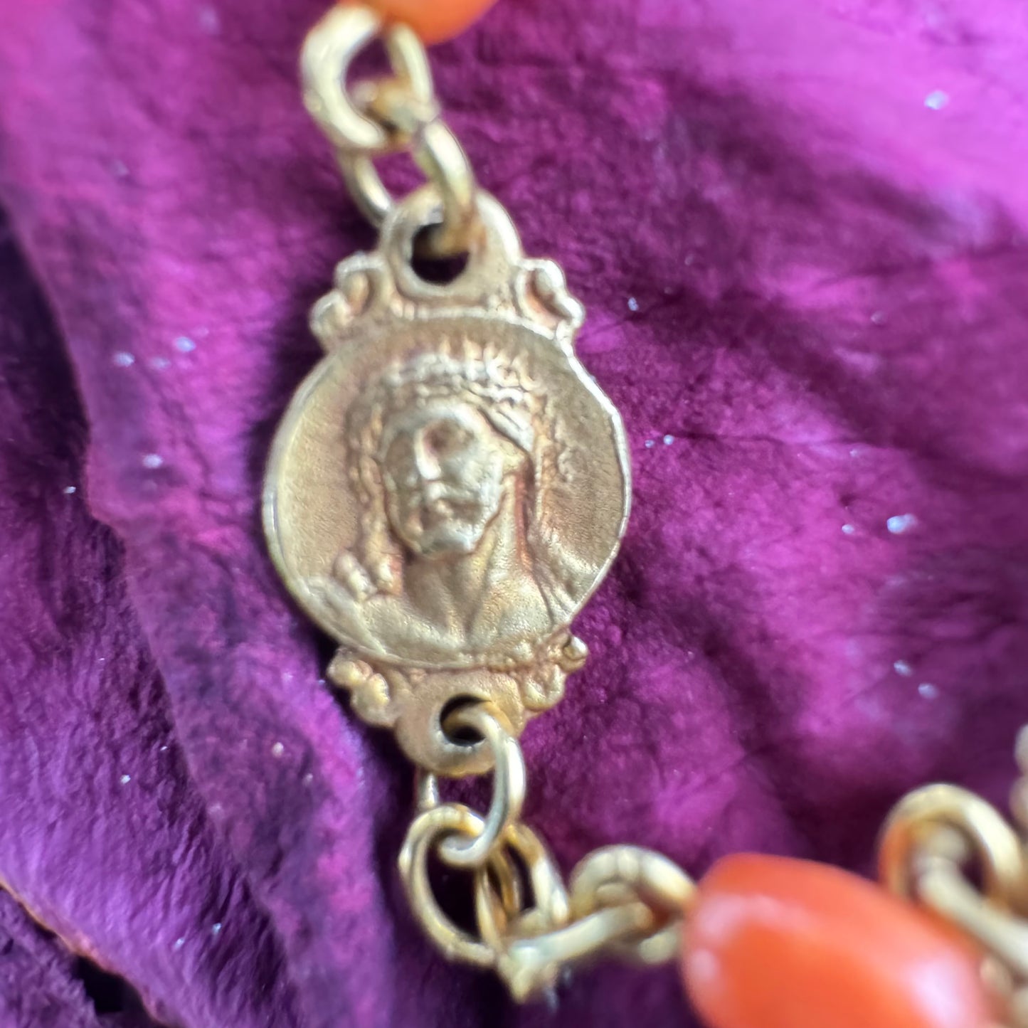 Antique French Hallmarked 18k Yellow Gold Angel Skin Coral Rosary Necklace (23”)