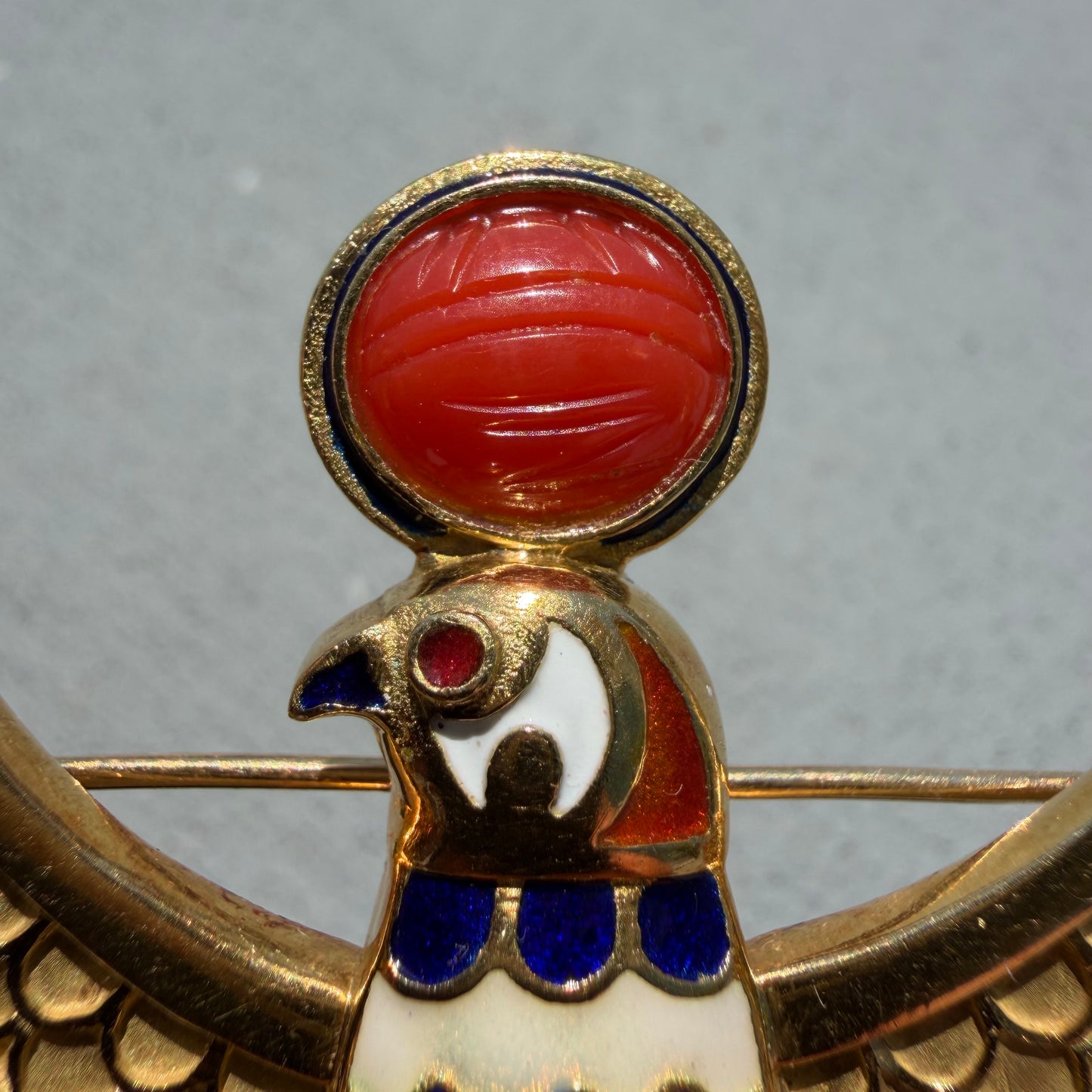 Vintage Solid 18k Yellow Gold Plique-à-Jour Large Egyptian Revival Horus Falcon Pendant/Brooch