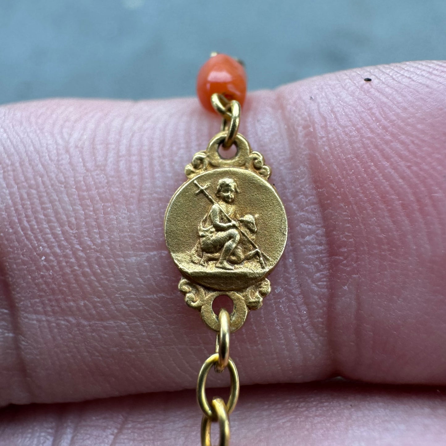 Antique French Hallmarked 18k Yellow Gold Angel Skin Coral Rosary Necklace (23”)